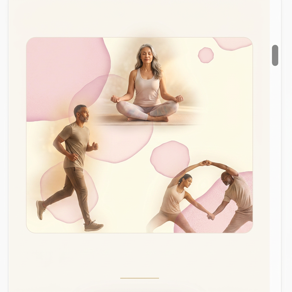 Personas meditando, trotando y haciendo ejercicio en un entorno sereno y cálido
